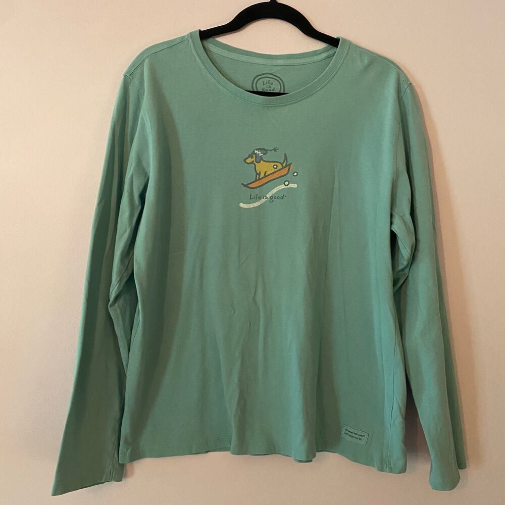 Life Is Good Blue Dachshund Dog Sledding Winter Long Sleeve Shirt Cotton Large